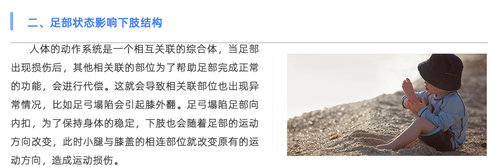 人體的動作系統(tǒng)是一個相互關(guān)聯(lián)的綜合體，當足部出現(xiàn)損傷后，其他相關(guān)聯(lián)的部位為了幫助足部完成正常的功能，會進行代償。這就會導(dǎo)致相關(guān)聯(lián)部位也出現(xiàn)異常情況，比如足弓塌陷會引起膝外翻。足弓塌陷足部向內(nèi)扣，為了保持身體的穩(wěn)定，下肢也會隨著足部的運動方向改變，此時小腿與膝蓋的相連部位就改變原有的運動方向，造成運動損傷。